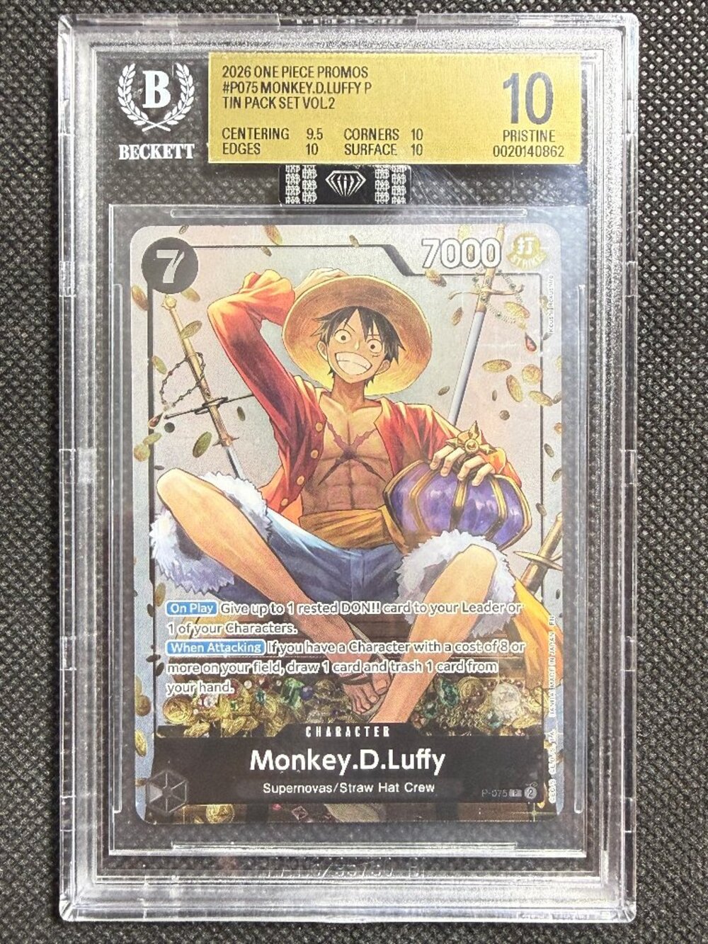 2026 ONE PIECE PROMOS TIN PACK SET VOL.2 #P075 MONKEY D LUFFY BGS 10 PRISTINE